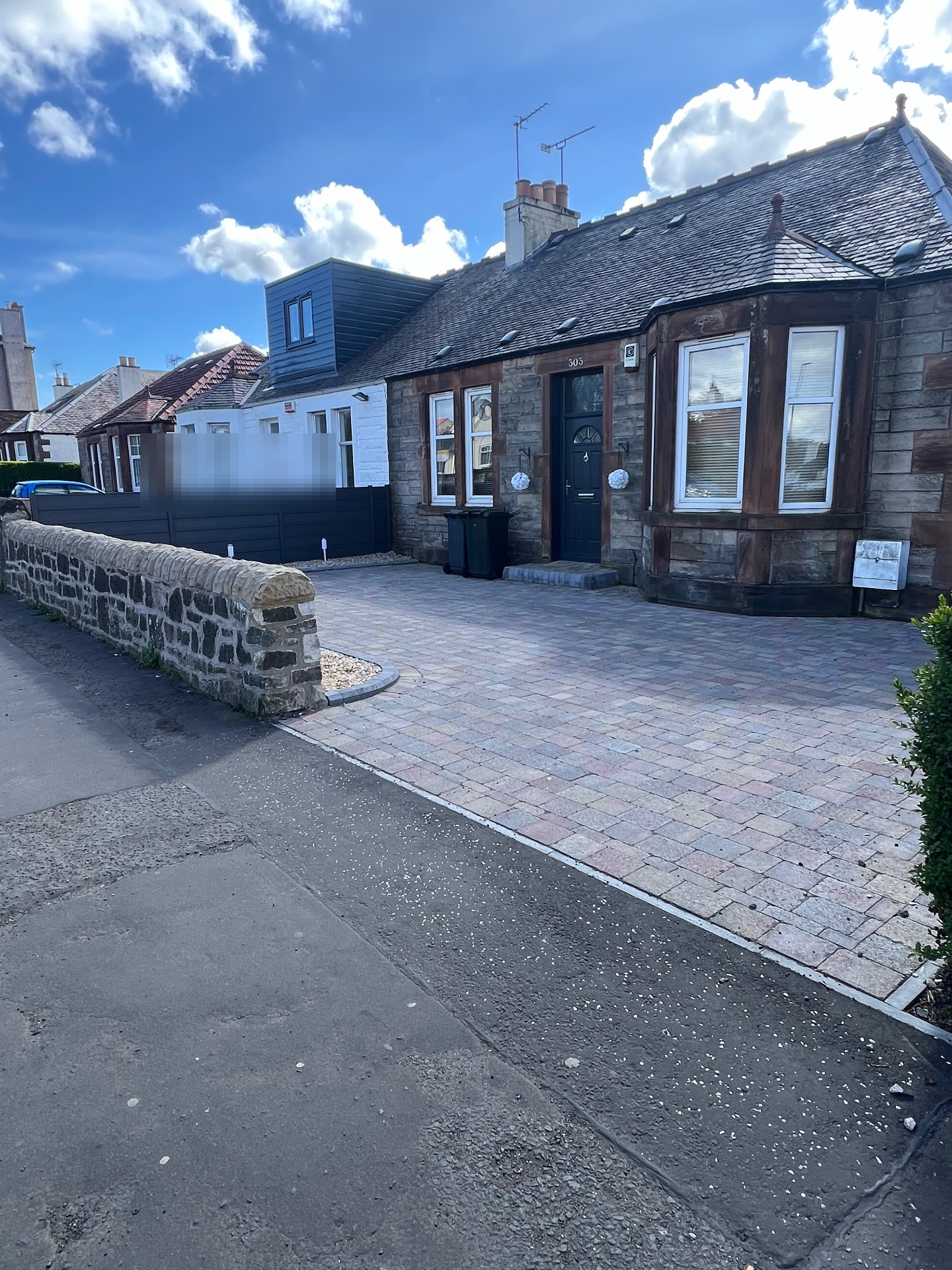 Completed block paving driveway installation Corstorphine Edinburgh - professional Tobermore installation with ACO drainage and modern lighting, St John's Road project