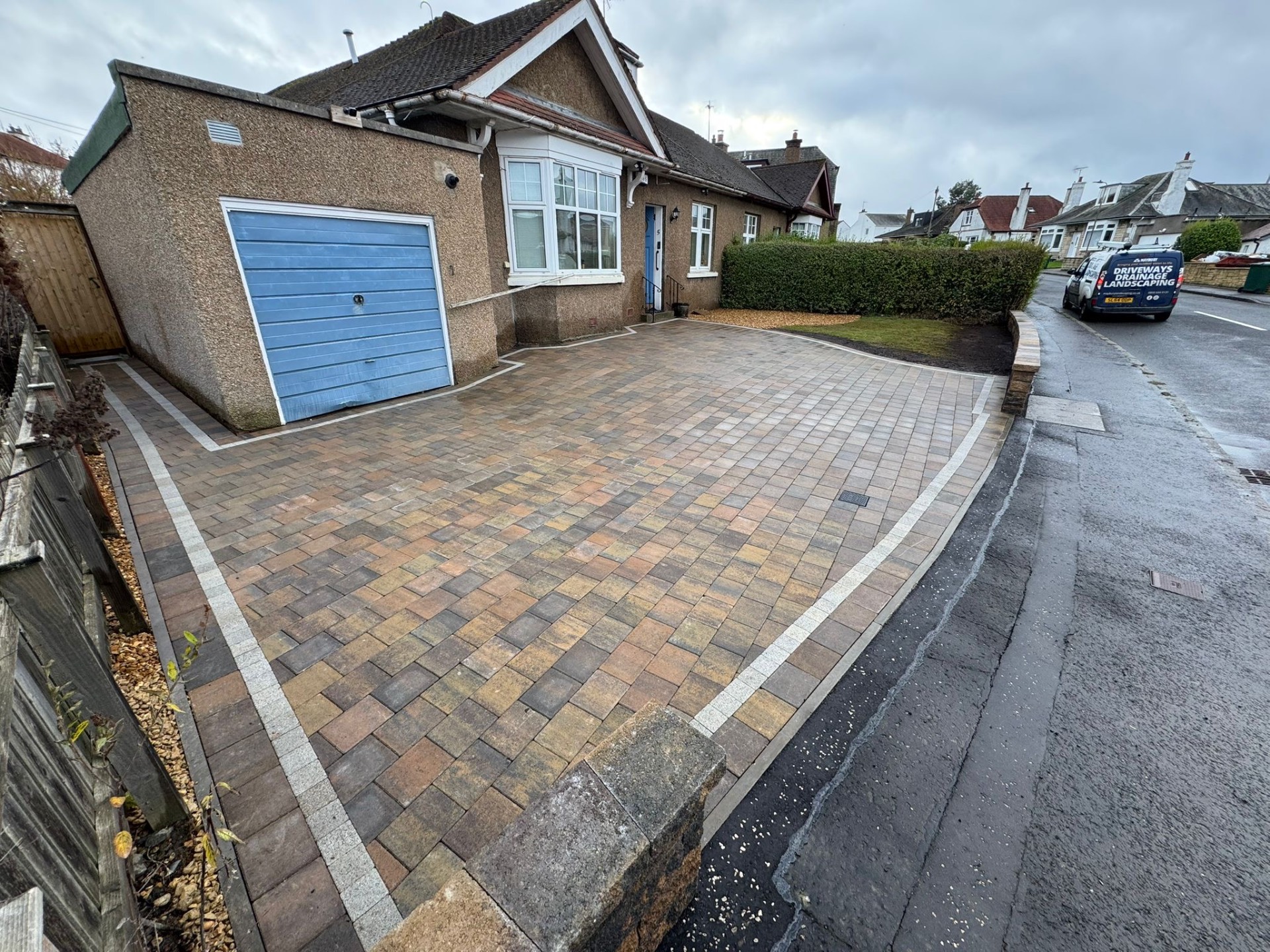 Premium Tobermore driveway installation Barnton Gate Terrace Edinburgh - block paving with contrasting charcoal border pattern, family home transformation with lifetime guarantee